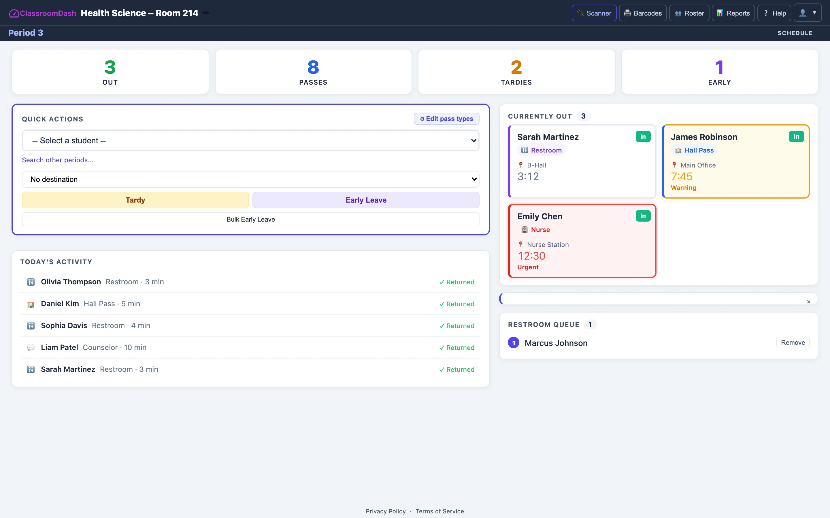 Teacher Dashboard showing active passes, stats, and activity log