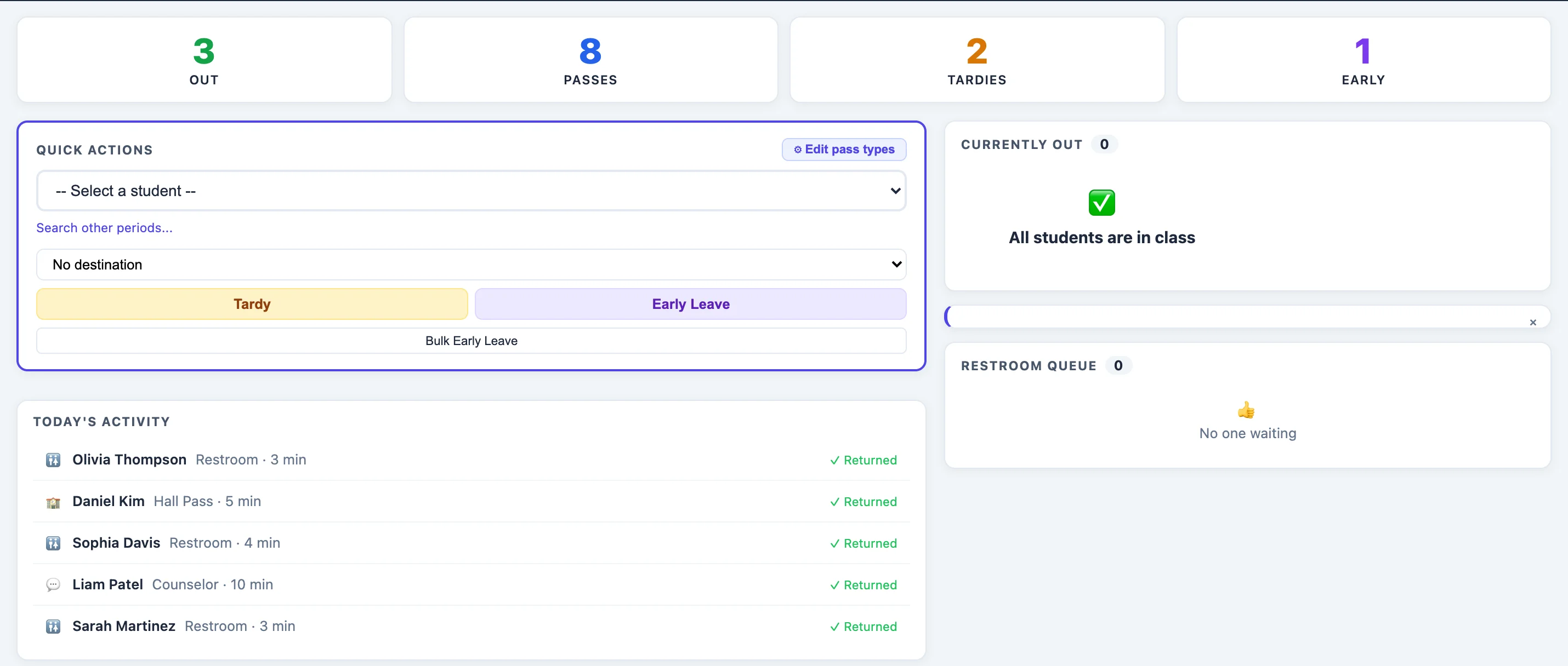 Dashboard stat cards showing passes, tardies, and early leaves